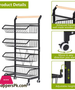 4 Tier Fruit Vegetable Storage Basket Rolling Cart With Handle And Wheels, Black 27 4 Tier Fruit Vegetable Storage Basket Rolling Cart With Handle And Wheels, Black - Image 6