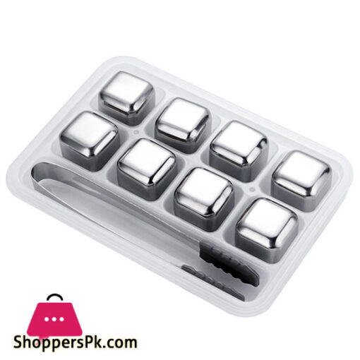8Pcs Stainless Steel Ice Cube with Tong Magic Cooler Bar KTV Supplies