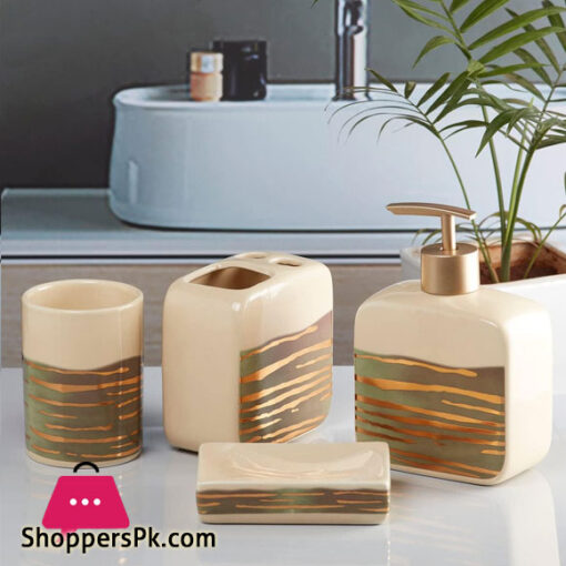 Ceramic Bathroom Accessories Set of 4, Modern Ceramic Bath Set with Liquid Soap Dispenser and Toothbrush Holder, Bathroom Accessory 