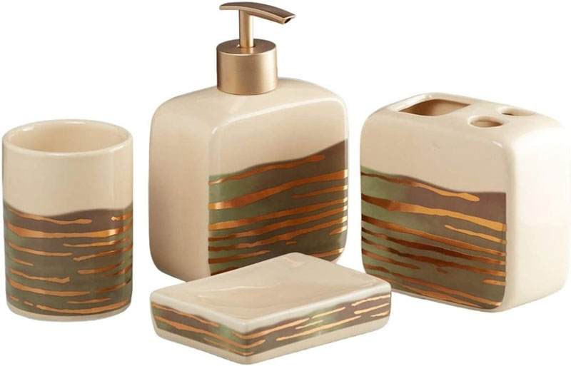 Ceramic Bathroom Accessories Set Of 4, Modern Ceramic Bath Set With Liquid Soap Dispenser And Toothbrush Holder, Bathroom Accessory 