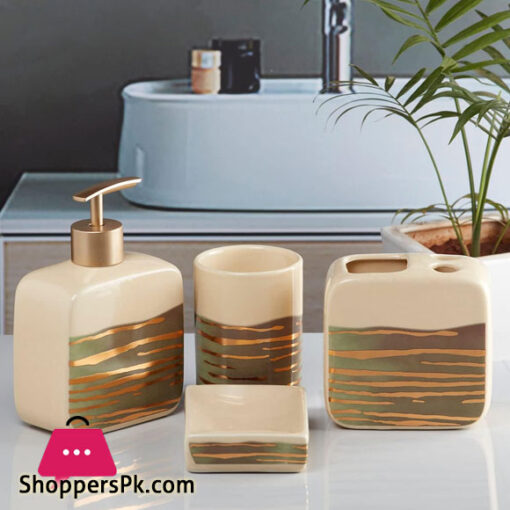 Ceramic Bathroom Accessories Set of 4, Modern Ceramic Bath Set with Liquid Soap Dispenser and Toothbrush Holder, Bathroom Accessory 