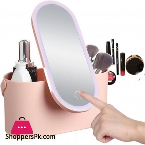 WULFY Storage Bins Makeup Storage Box with Mirror Light Portable Led Travel Makeup Cosmetics Storage Box Touch Light Storage Organizer Size Pink
