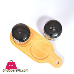 Ceramic Abstract Designed Salt And Pepper Shakers With Bamboo Base Set Of 2