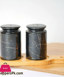 Ceramic Abstract Designed Salt and Pepper Shakers with Bamboo Base Set of 2