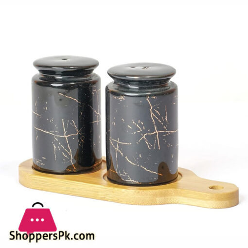 Ceramic Abstract Designed Salt and Pepper Shakers with Bamboo Base Set of 2