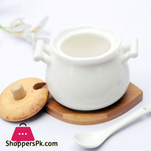 Ceramic Sugar Pot With Spoon-Bamboo Lid And Base