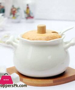 Ceramic Sugar Pot With Spoon-Bamboo Lid And Base