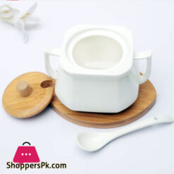 Ceramic Sugar Pot With Spoon-Bamboo Lid And Base