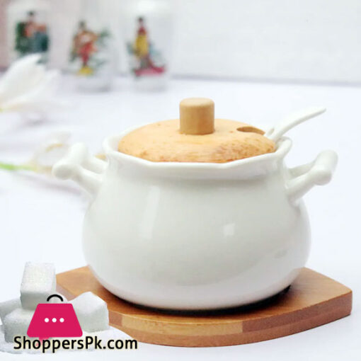 Ceramic Sugar Pot With Spoon-Bamboo Lid And Base