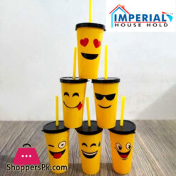 Emoji Face Unbreakable Plastic Glass With Cap &Amp; Straw - Yellow 1 Piece