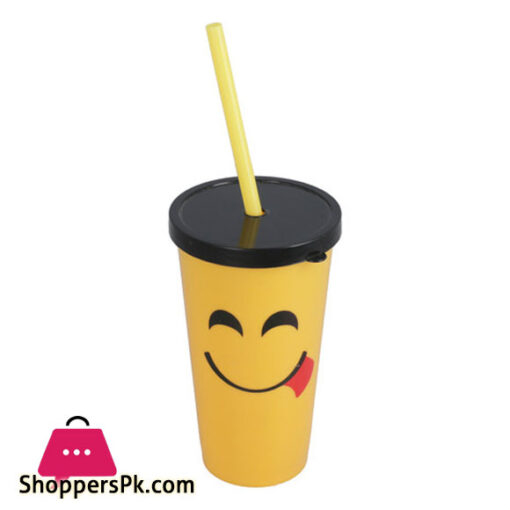 Emoji Face Unbreakable Plastic Glass WIth Cap & Straw - Yellow 1 Piece
