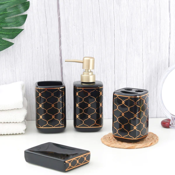 Golden Net Pattern Ceramic Bathroom Set Of 4 Pcs