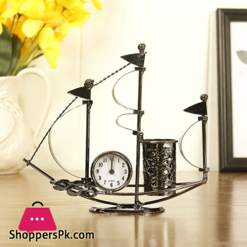 Iron Sailing Model Clock Ornaments Antique Craft Pen Holder Multifunctional Home Decoration Accessories Room Gifts