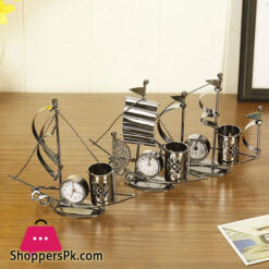 Iron Sailing Model Clock Ornaments Antique Craft Pen Holder Multifunctional Home Decoration Accessories Room Gifts