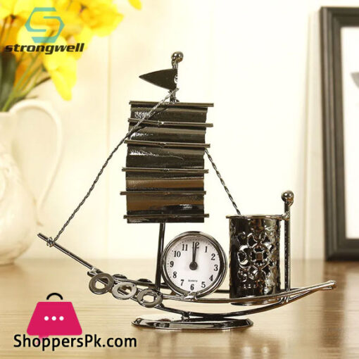 Iron Sailing Model Clock Ornaments Antique Craft Pen Holder Multifunctional Home Decoration Accessories Room Gifts