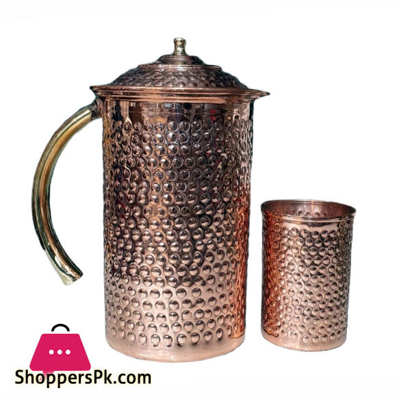 Pure Copper Hammered Pitcher Jug With Lid Capacity Water With Glass