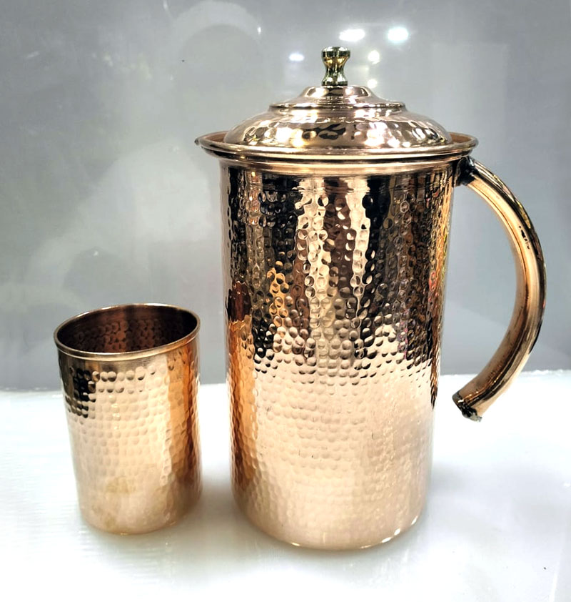Pure Copper Hammered Pitcher Jug With Lid Capacity Water With Glass