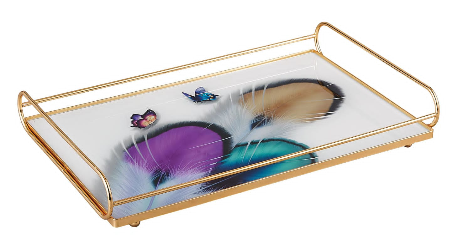 Solecasa Metal Branch Handle Rectangle Tray Decor Glass Art Luxury Jewelry Storage Tray Coffee Table Drinkware Serving Platter