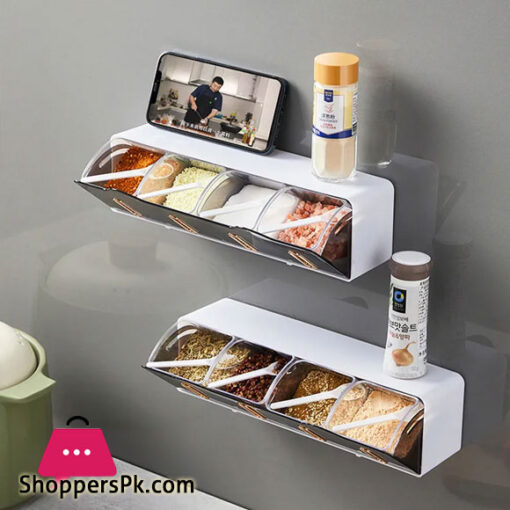 Wall Mounted Spice Container Stackable Drawer 4 Condiment Box Salt Pepper Storage Hodler Kitchen Organizer with Hooks
