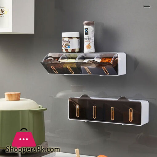 Wall Mounted Spice Container Stackable Drawer 4 Condiment Box Salt Pepper Storage Hodler Kitchen Organizer with Hooks