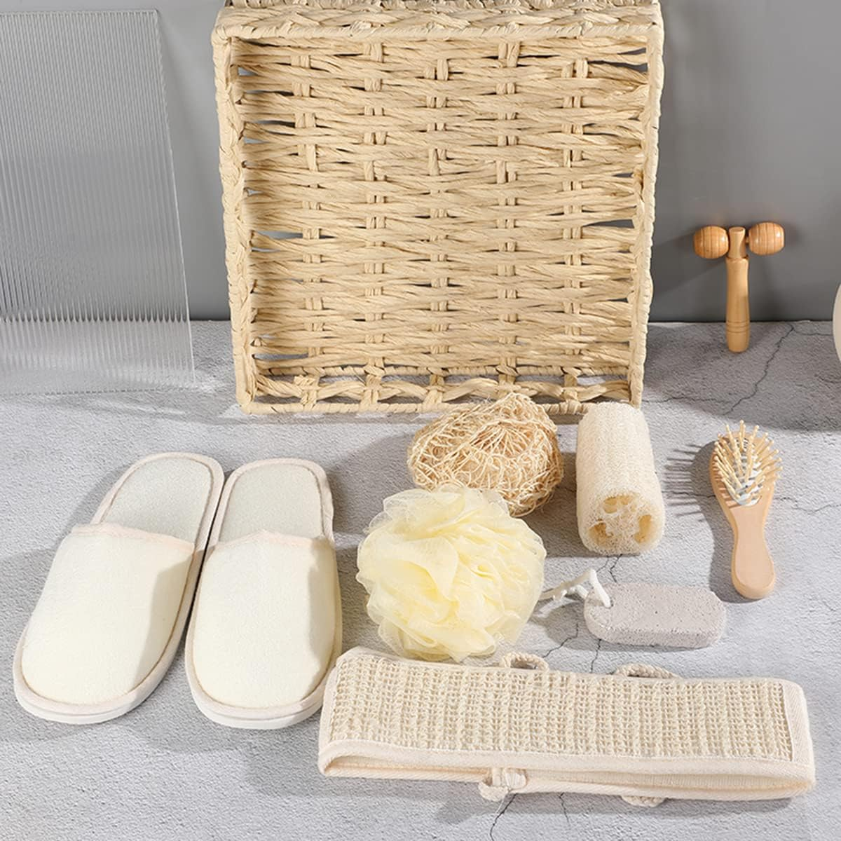 9-Piece Bath Set Shower And Bath Brush Scrubbers Exfoliating Face Brush Massager Bath-Sponges Fat Massager Foot Scrub Stone Comb Slippers Gift Set