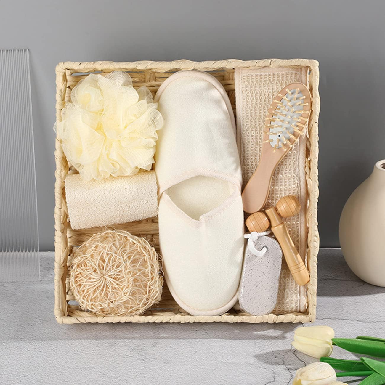 9-Piece Bath Set Shower And Bath Brush Scrubbers Exfoliating Face Brush Massager Bath-Sponges Fat Massager Foot Scrub Stone Comb Slippers Gift Set