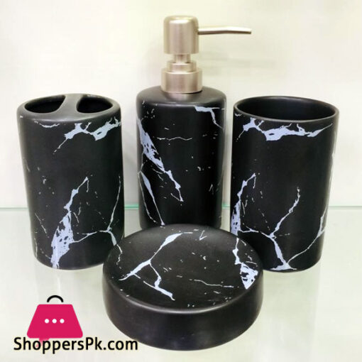 Beautiful Marble Design Ceramic 4 Pcs Durable Bath Accessory Set White and Black Color Available
