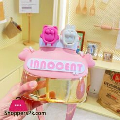 Children Water Bottle Cute Bear Shape Design With Double Drinking Straw Cup Leakproof Outdoor Portable Large Capacity With Lifting Rope For Girls Boys