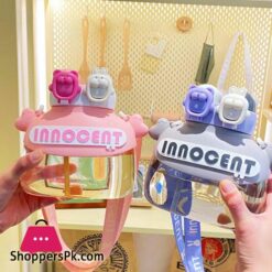 Children Water Bottle Cute Bear Shape Design With Double Drinking Straw Cup Leakproof Outdoor Portable Large Capacity With Lifting Rope For Girls Boys