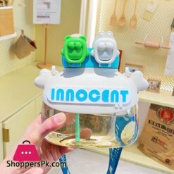 Children Water Bottle Cute Bear Shape Design With Double Drinking Straw Cup Leakproof Outdoor Portable Large Capacity With Lifting Rope For Girls Boys