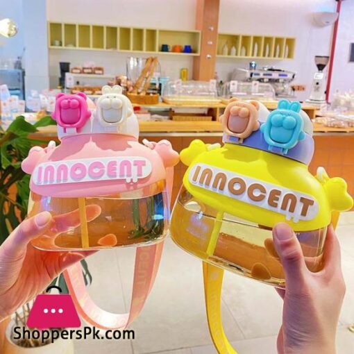 Children Water Bottle Cute Bear Shape Design with Double Drinking Straw Cup Leakproof Outdoor Portable Large Capacity with Lifting Rope For Girls Boys