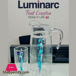 Luminarc 7pcs Flame Sparkle Silver Water Set Turquoise Blue Made UAE 