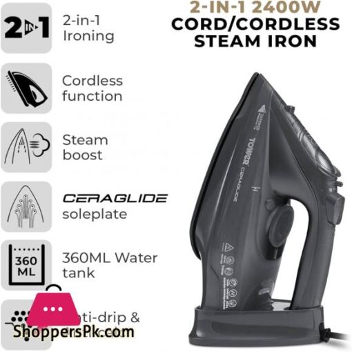 New Tower T22008G CeraGlide Cordless Steam Iron with Ceramic Soleplate and Variable Steam Function Grey