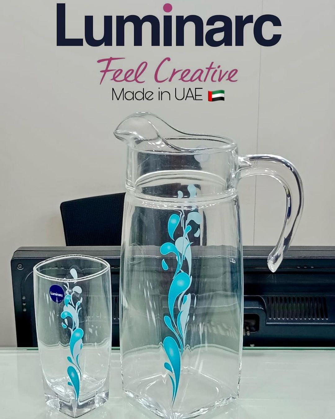 Luminarc 7Pcs Flame Sparkle Silver Water Set Turquoise Blue Made Uae 