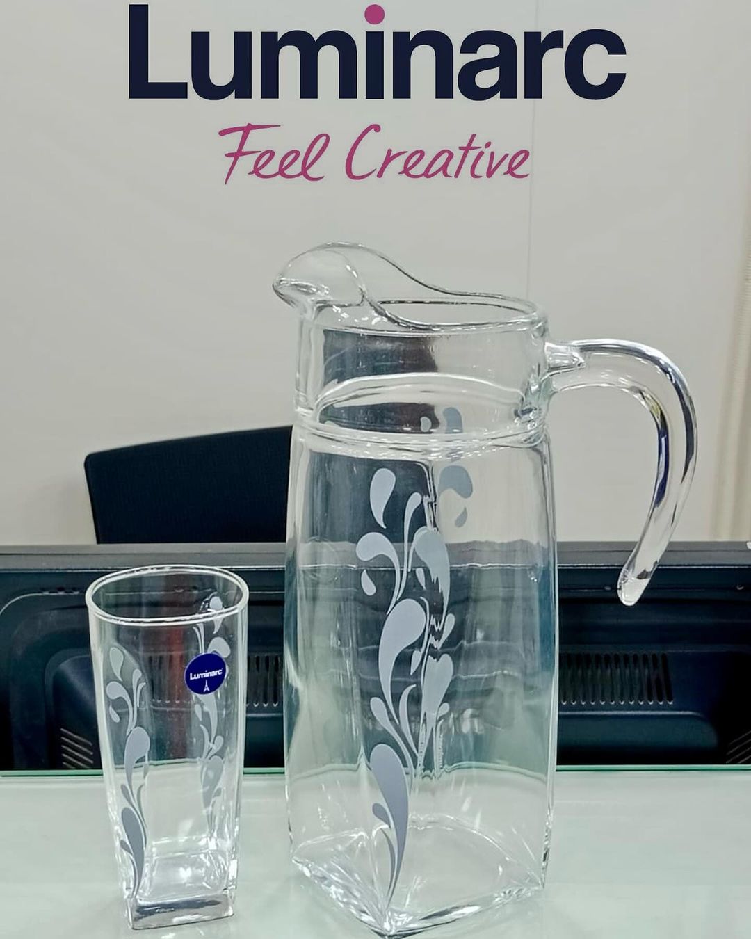 Luminarc 7Pcs Flame Sparkle Silver Water Set Turquoise Blue Made Uae 