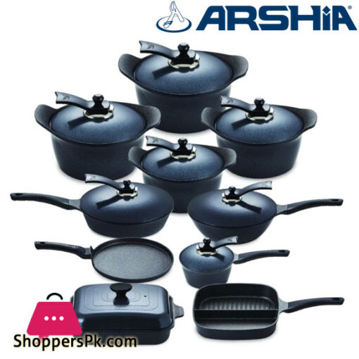 Arshia Granite Cast Aluminium Cookware Set 18 Pcs Grey