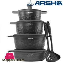 Arshia Premium Die-Casted Aluminium 8 Pcs Cookware Set Silicon Glass Lid Black
