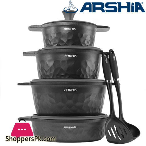 Arshia Premium Die-Casted Aluminium 8 Pcs Cookware Set Silicon Glass Lid Black