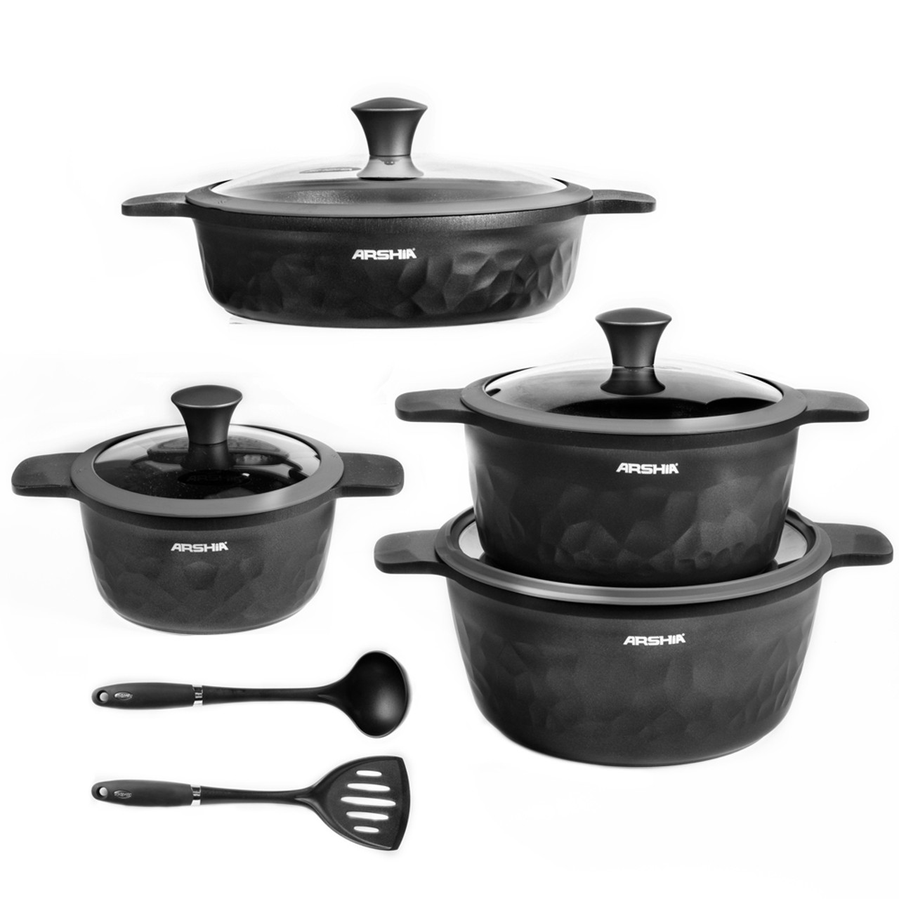 Arshia Premium Die-Casted Aluminium 8 Pcs Cookware Set Silicon Glass Lid Black