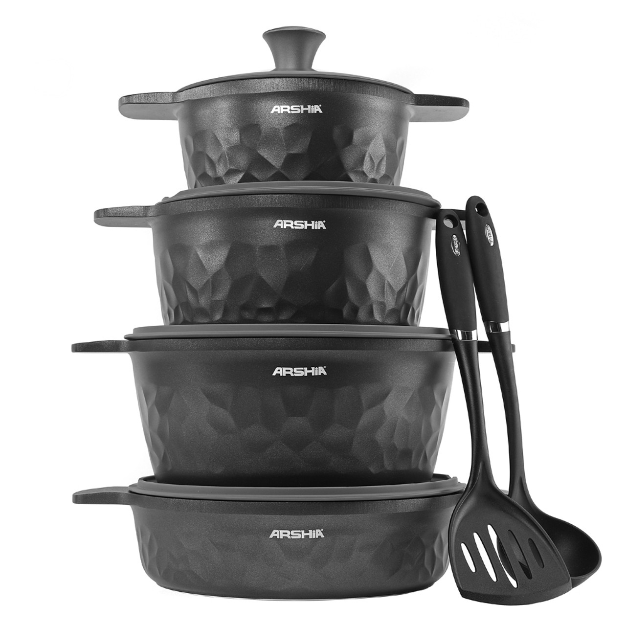Arshia Premium Die-Casted Aluminium 8 Pcs Cookware Set Silicon Glass Lid Black