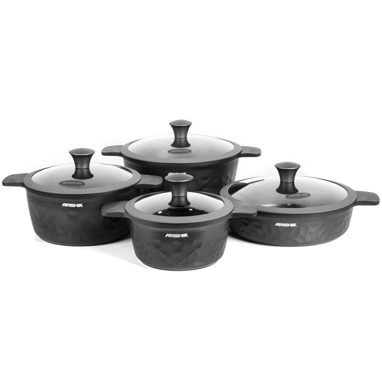 Arshia Premium Die-Casted Aluminium 8 Pcs Cookware Set Silicon Glass Lid Black