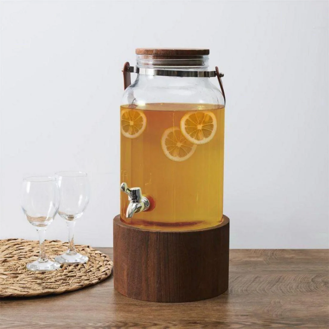 Beverage Dispenser In Glass With Wooden Base 10Litres 10 Beverage Dispenser In Glass With Wooden Base 10Litres