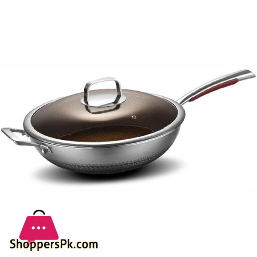 Targu 32 - 13 Inch Stainless Steel Wok and Stir-Fry Pan, Nonstick Pan Kitchen Cookware Fast Heating Protable No Chemical Coated Chinese Wok with Lid, Suitable for Cooking, Saute, Skillet, Dishwasher and Oven Safe