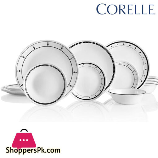 Corelle Vitrelle 18-Piece Service for 6 Dinnerware Set Round Plates and Bowls Set Black and White