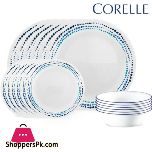 Corelle Vitrelle 18-Piece Service for 6 Dinnerware Set Triple Layer Glass and Chip Resistant Lightweight Round Plates and Bowls Set Ocean Blue