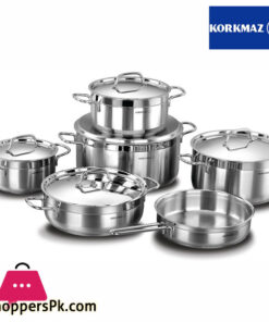 Korkmaz Alfa XL 11 Pieces Stainless Steel Cookware Set, Induction Base Cookware Pots and Pans Set