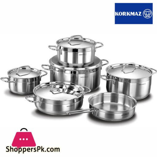 Korkmaz Alfa XL 11 Pieces Stainless Steel Cookware Set, Induction Base Cookware Pots and Pans Set