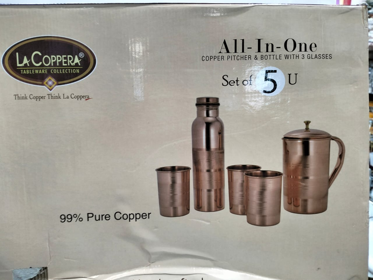 La Coppera All In One Copper Pitcher And Bottle With 3 Glasses