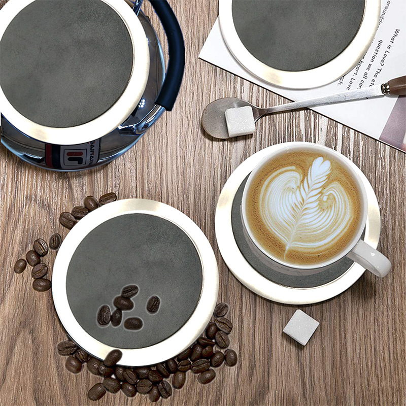Non-Slip Leather Coasters Set Of 6 With Metal Holder Drinks Cup Mat Pad Round