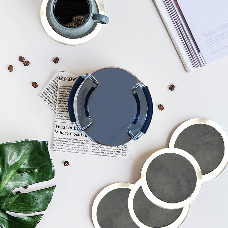 Non-Slip Leather Coasters Set Of 6 With Metal Holder Drinks Cup Mat Pad Round
